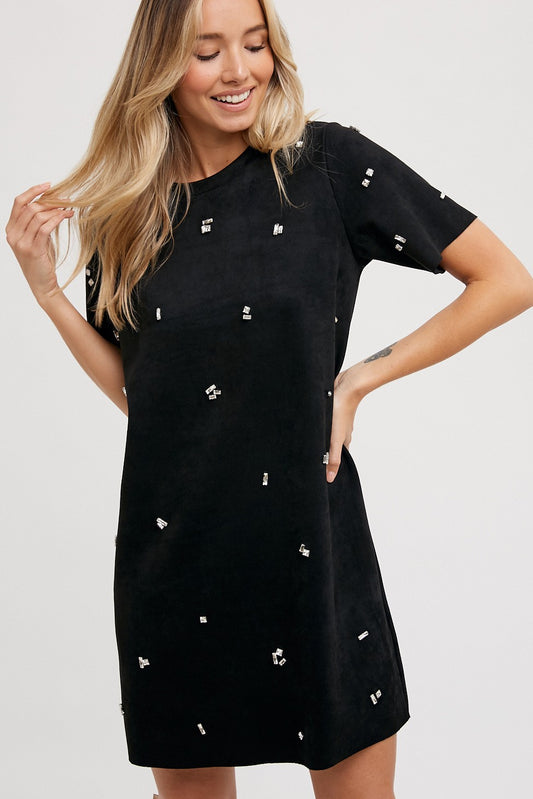 Rhinestone Faux Suede Shift Dress