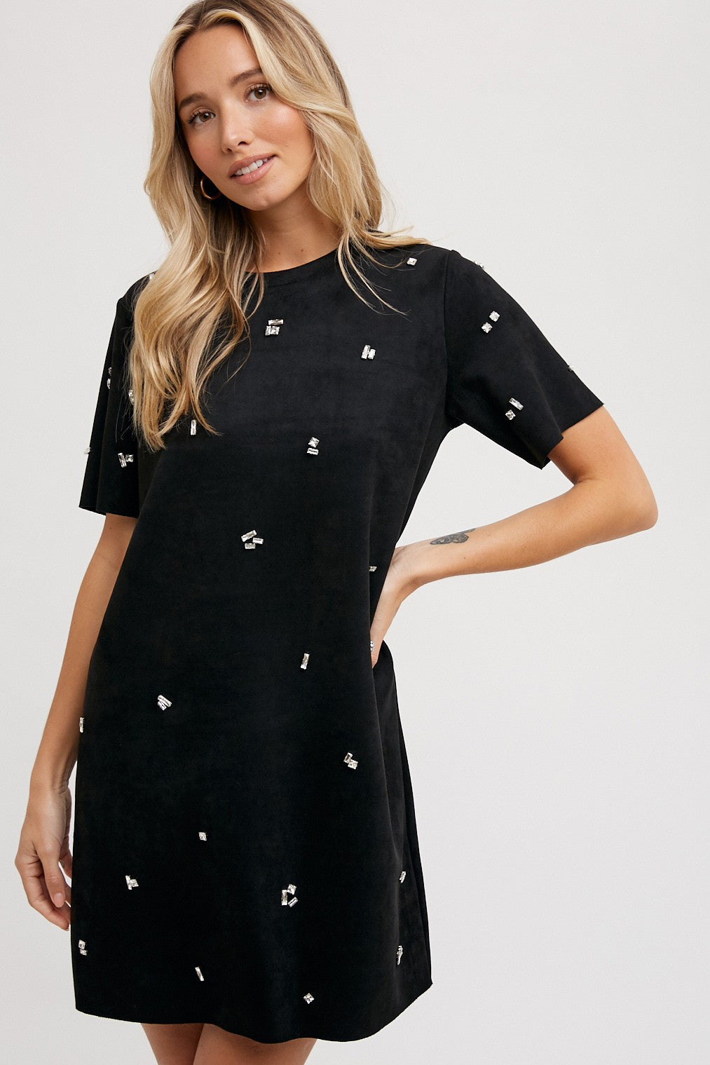 Rhinestone Faux Suede Shift Dress