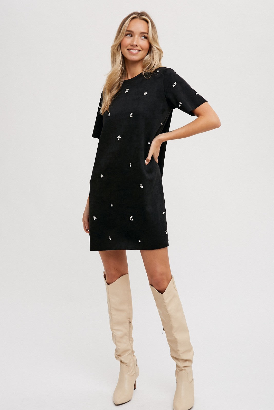 Rhinestone Faux Suede Shift Dress