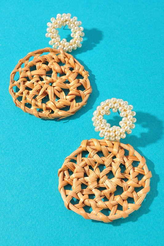 Seaside Woven Rattan & Pearl Statement Earrings