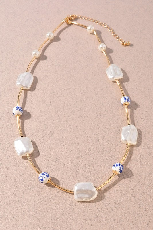 Blue Willow Pearl Charm Necklace