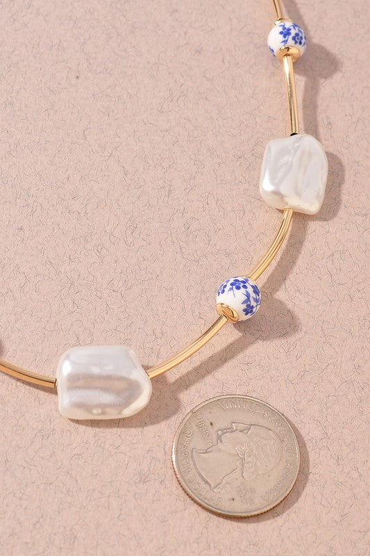 Blue Willow Pearl Charm Necklace