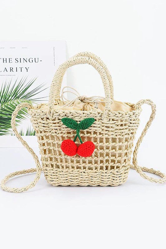 Ivory Handmade Straw Crossbody Bag with Crochet Cherry Charm – Summer Beach Purse
